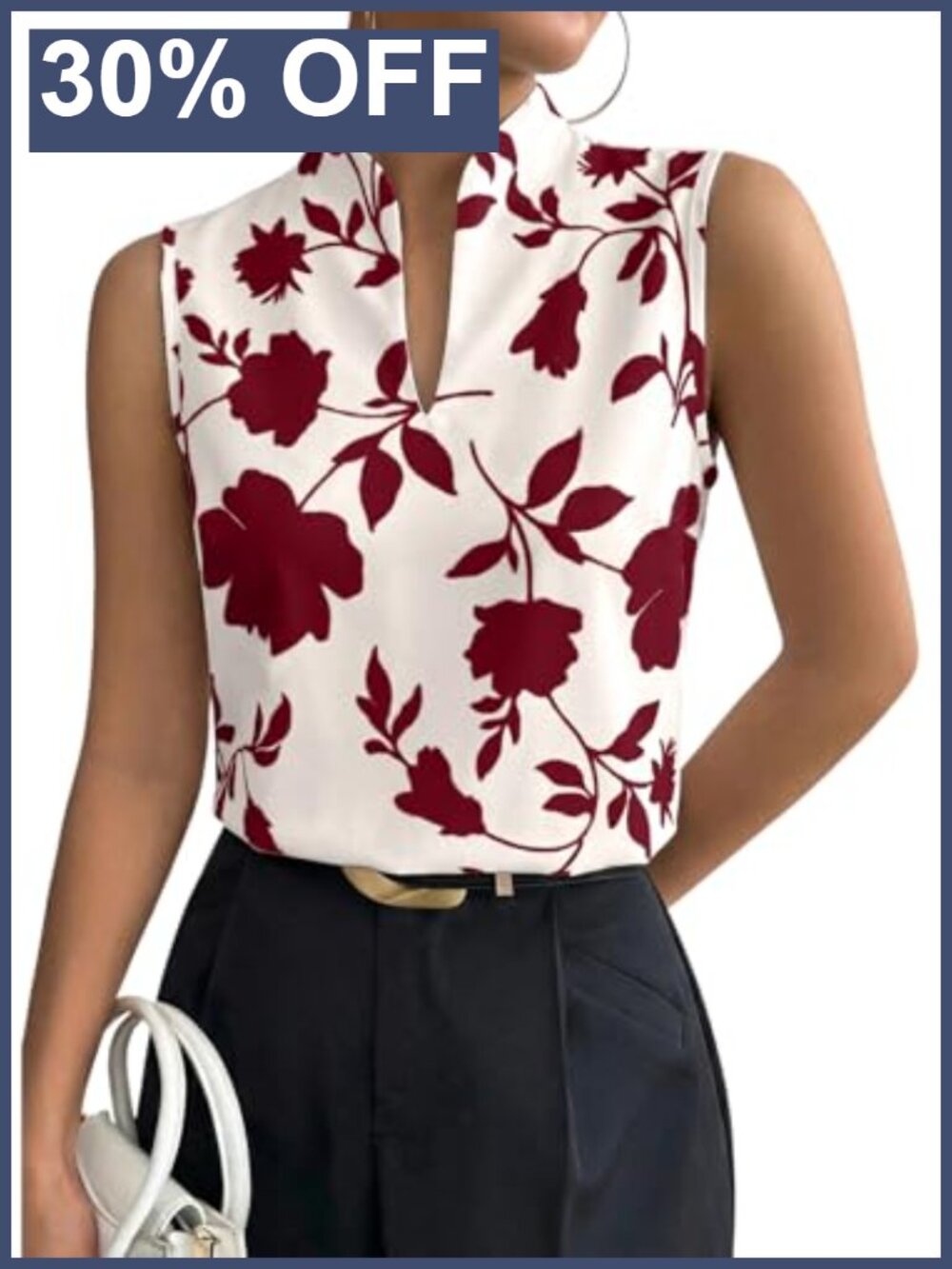 Floral Sleeveless Blouse Business Casual V-Neck Stand Collar Tank Top